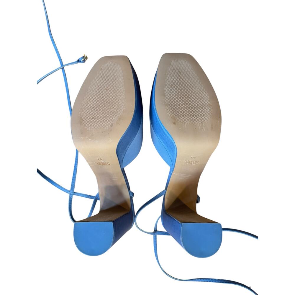 ZARA Chunky Heeled Platform Shoes Size 40 Blue Satin EUC $129 MSRP Square Toe - Picture 11 of 13